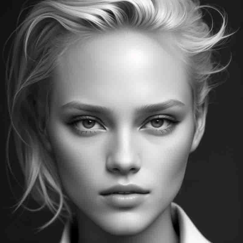 A captivating monochrome image showcasing a stunning fashion model with lustrous blonde hair.