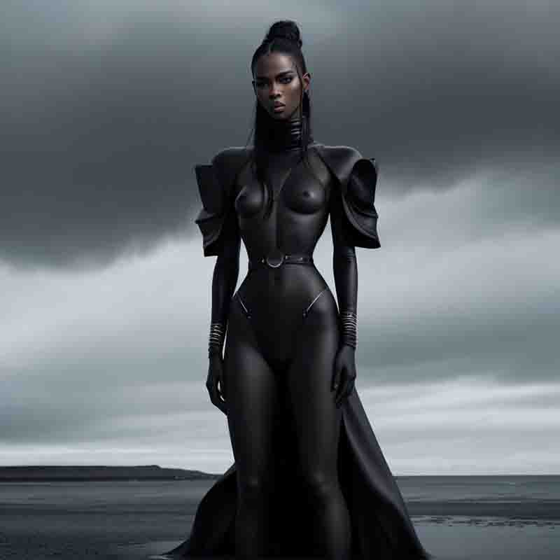 Black latex dress-clad fashion model standing in water.
