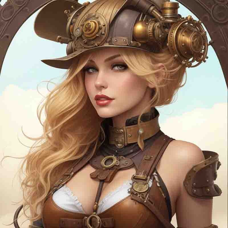 A steampunk girl wearing a hat and standing next to a steam engine.
