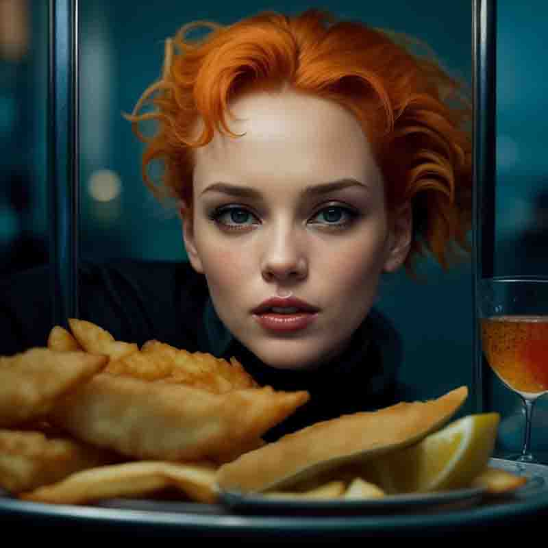 A woman with red and orange hair sits in front of a plate with fish'n chips.