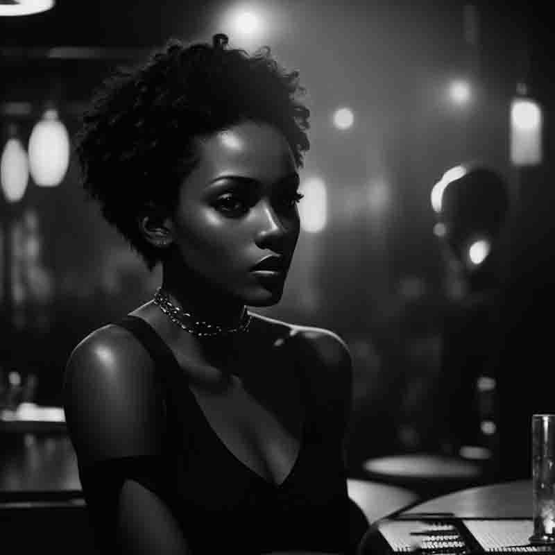 Captivating black and white portrait of a beautiful woman enjoying herself in a jazz bar.