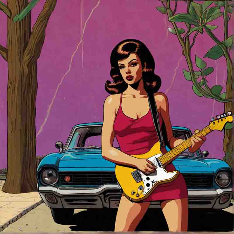 A woman in a red dress poses with a guitar next to a car.