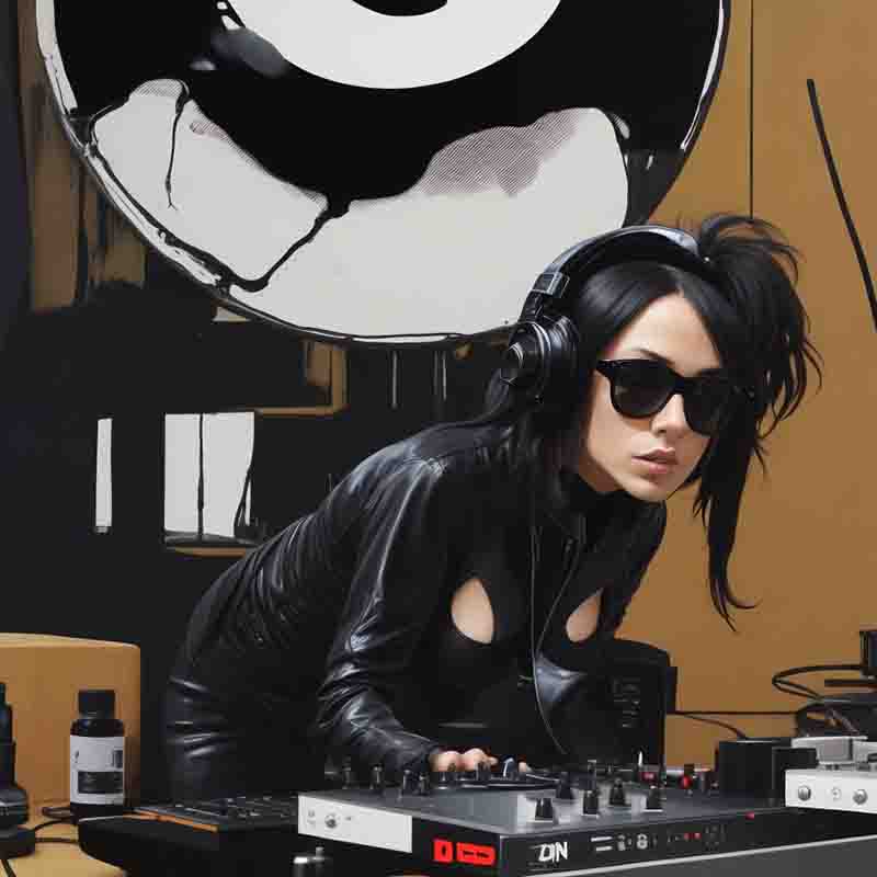 Female DJ wearing a black leather outfit, headphones, and black sunglasses. She is performing techno on the turntables. The background is a futuristic abstract design.