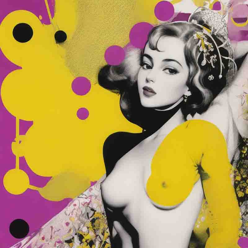 A formal painting featuring a nude female figure adorned with vibrant yellow and black polka dots.