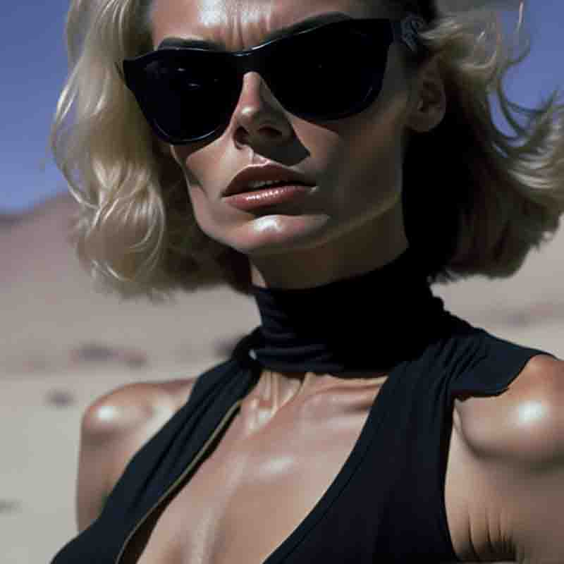 A stylish blond femme fatale wearing sunglasses and a black tank top poses confidently in a desert setting with blue skies.