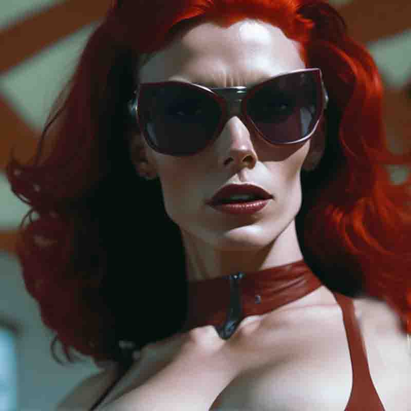 A femme fatal sensual woman with with striking red hair and trendy sunglasses, emanating an aura of chicness and allure.