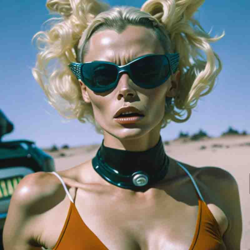 A femme fatal sensual woman with blond hair and deep cut top wearing a leather bondage neck collar standing in the blue sky desert