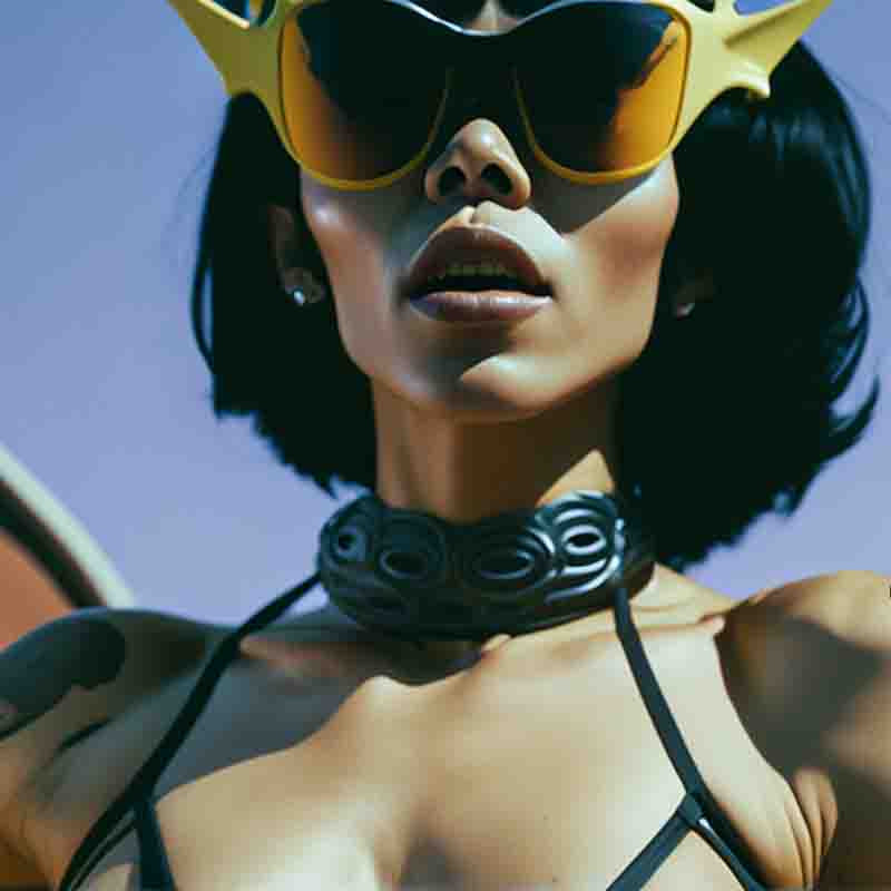 An Asian femme fatal sensual woman with black hair and deep cut top wearing yellow rock star sunglasses neck collar standing in the blue sky desert