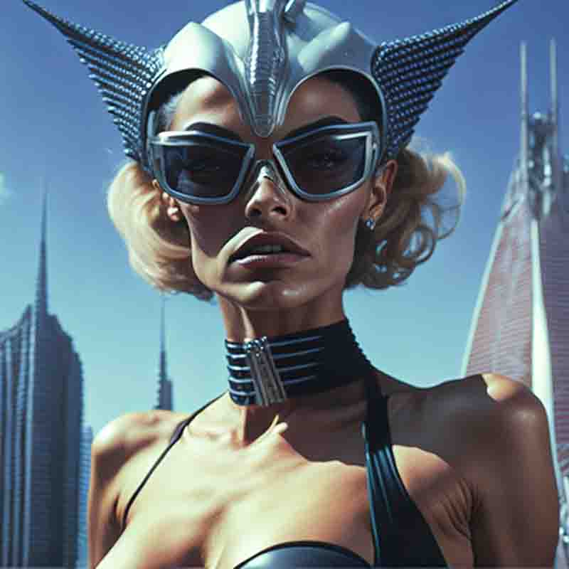 A femme fatal sensual woman with blond hair and deep cut top wearing a alien space hat and a bondage neck collar standing in the a metropolis scene