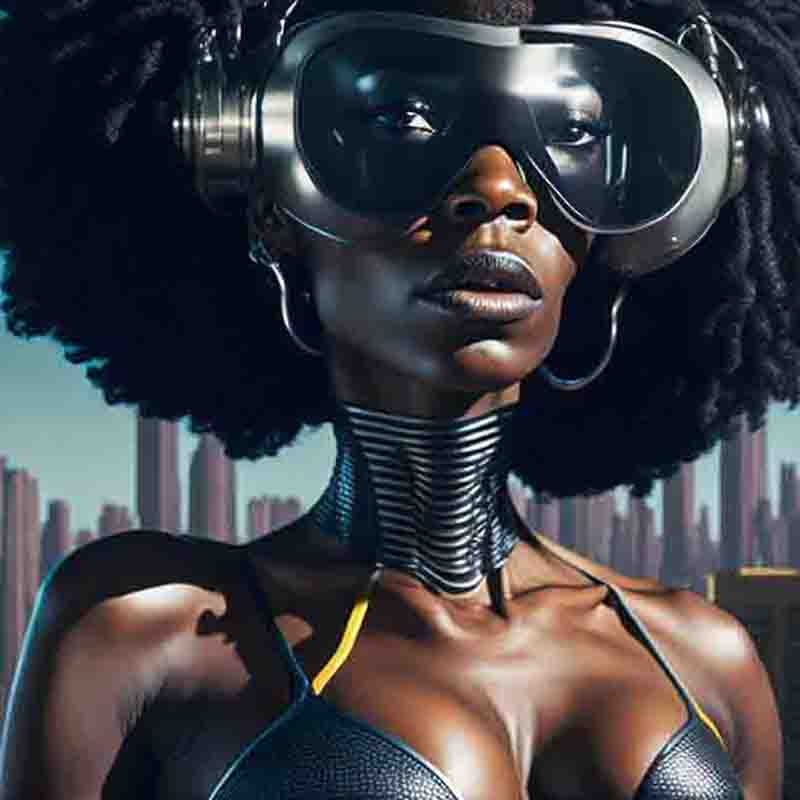 A black femme fatal sensual woman with deep cut top wearing a metal bondage neck collar and big rockstar sunglasses standing in the metropolis