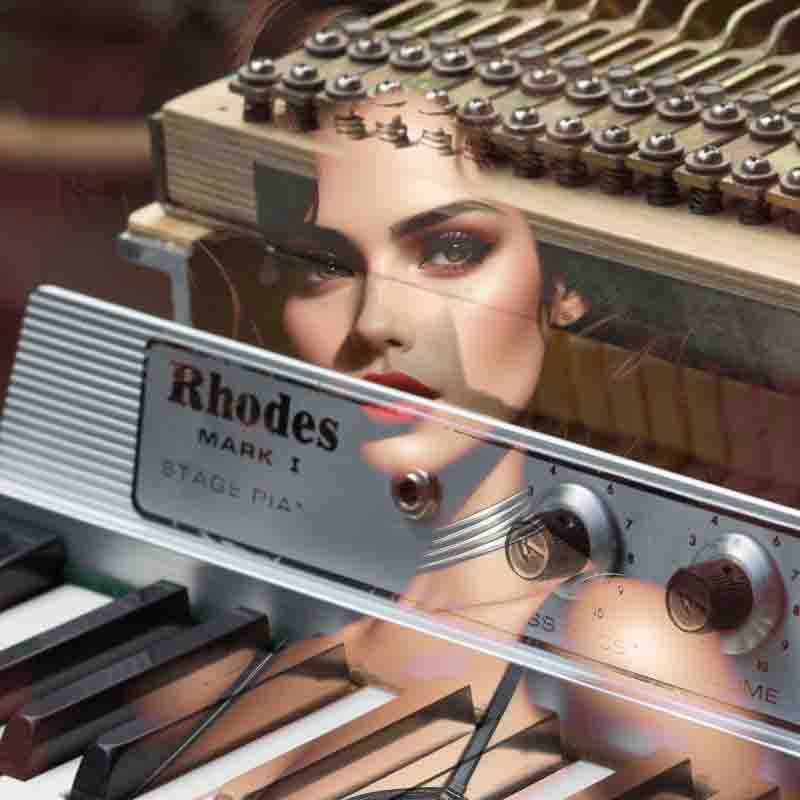 A woman's face is seen in the reflection on the Fender Rhodes keyboard.