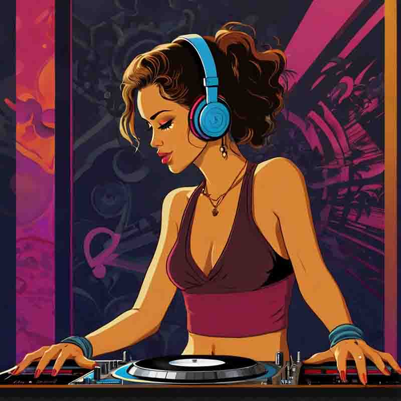A female balearic DJ passionately playing music on her turntables, surrounded by vibrant lights and a lively atmosphere.
