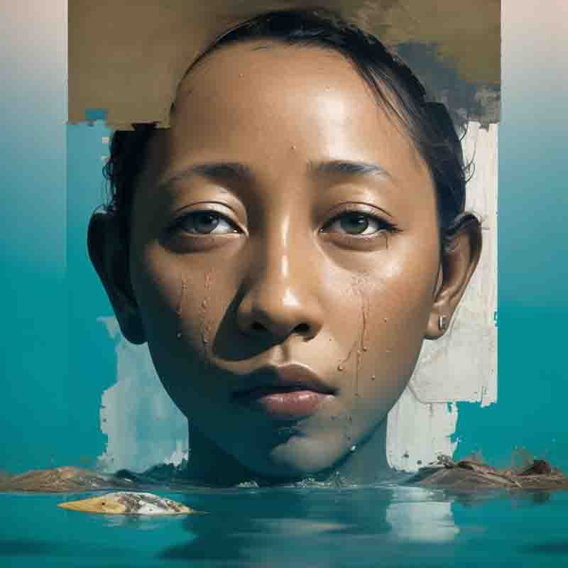 A modern fine art painting of a woman in water, her eye filled with a tear.