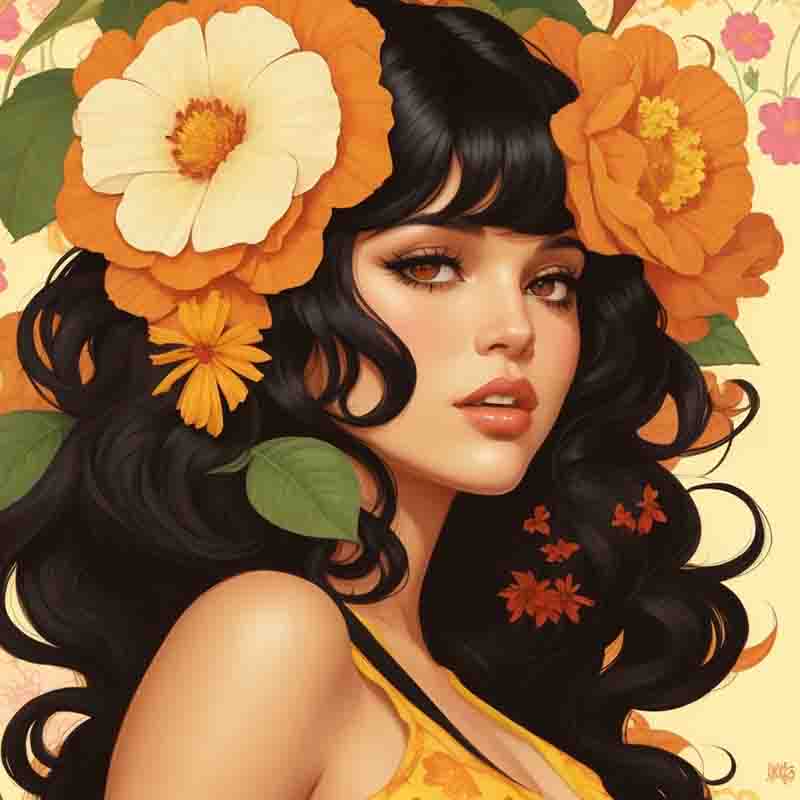 Flower Power woman with long black hair adorned with flowers, radiating elegance and natural beauty.
