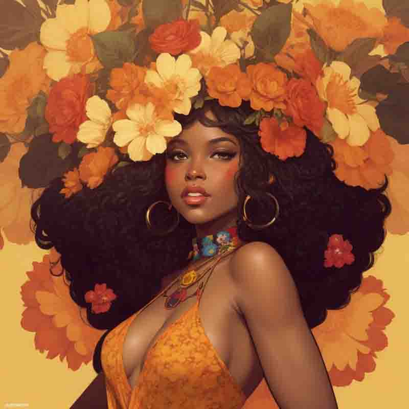 Black flower power woman wearing a bright flower crown.
