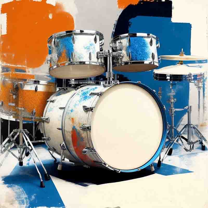 Photo of a drum set with a blue and orange background. The drum set is white with blue and orange splatter paint. It consists of a bass drum, two tom-toms, a floor tom, hi-hat, and a snare drum.