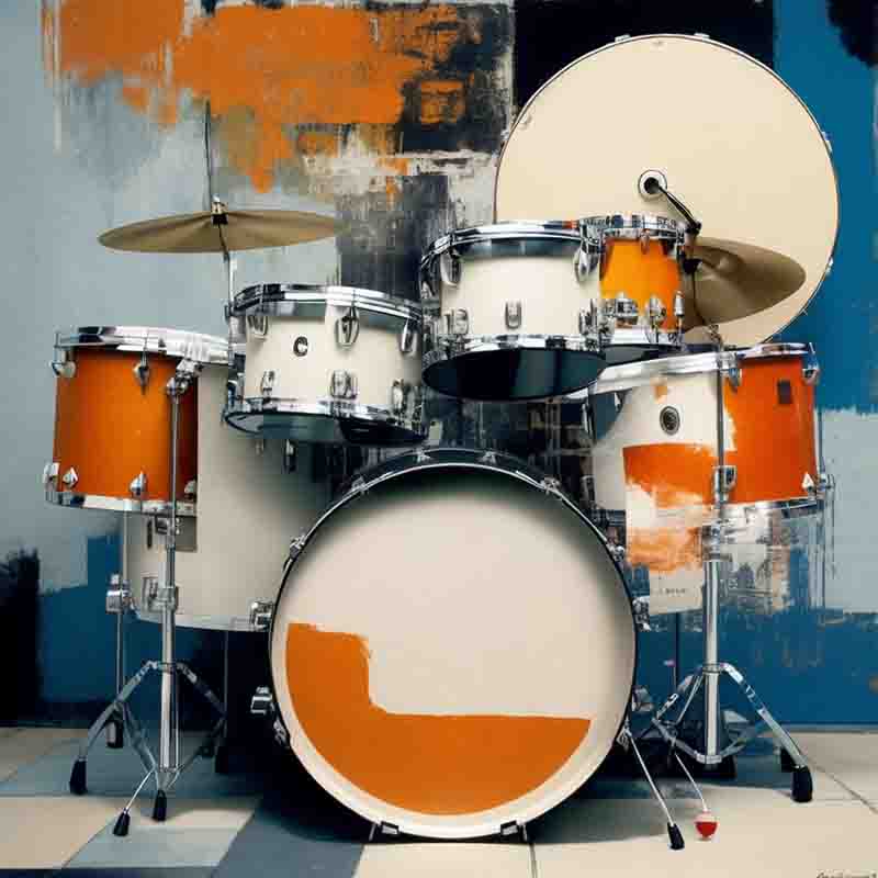 Four to the floor Drum set with striking orange and white accents, positioned against a wall painted in shades of blue and orange. The drum set comprises a bass drum with a white head and an orange stripe, two tom-toms and a floor tom with orange heads and white stripes, a snare drum with a white head and an orange stripe, and two golden cymbals. The backdrop of the blue wall with orange splotches adds a vibrant contrast.