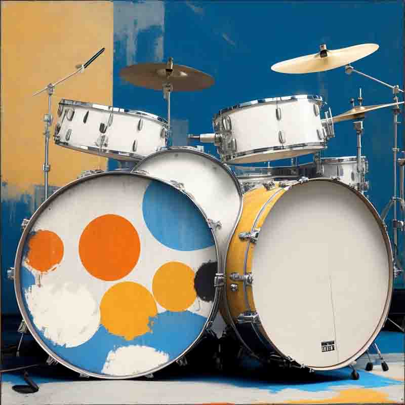 Photo of a drum set against a blue and yellow background. The drum set consists of two bass drums, two snare drums, and two cymbals. The bass drums are white with orange and blue circles on them. The background is blue with a yellow stripe running horizontally across it.