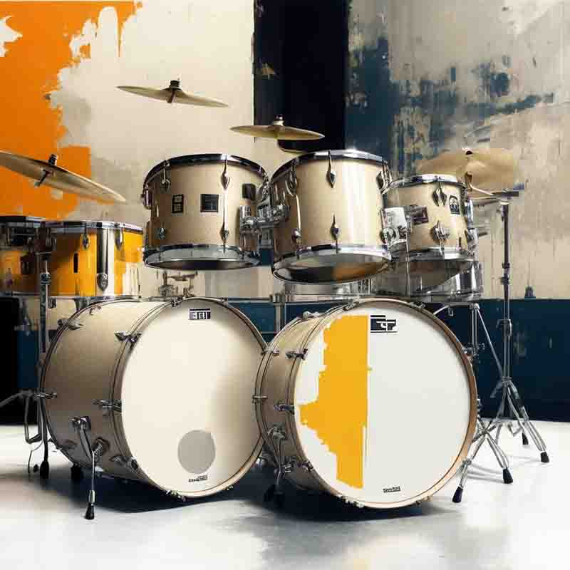 Photo of a drum set in a room with a distressed wall. It consists of two bass drums, three tom-toms, a snare drum, and a hi-hat.