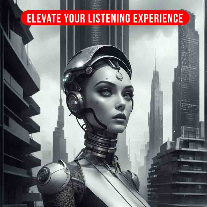 A female robot promoting an enhanced free online audio player with the phrase elevate your listening experience displayed prominently.