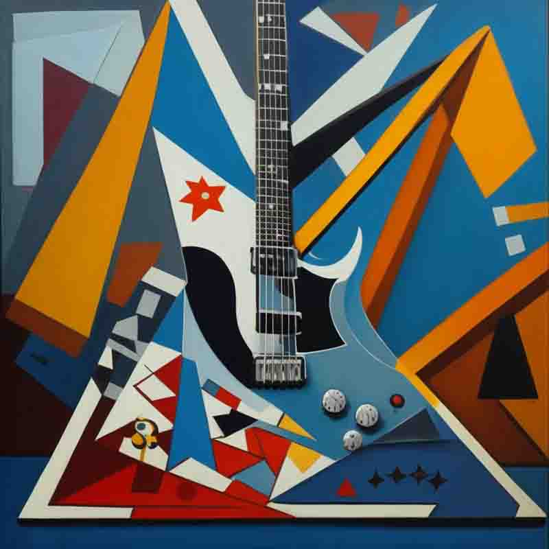 Fine art painting of a electric guitar on a colorful background. The guitar is the main focus of the image, the background is a vibrant mix of blue and orange.