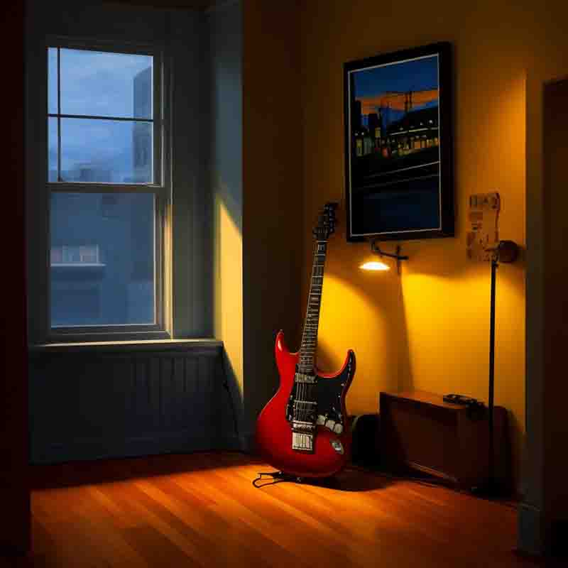 Red electric guitar sitting on a wooden floor in front of a window. The overall impression is one of a guitar that is ready to be played.
