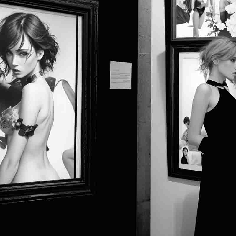 A woman in a black dress browsing wall art images of women.