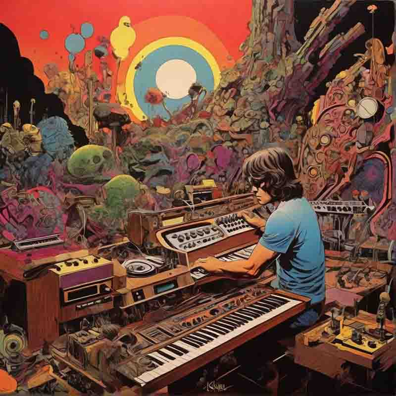 A man playing an electronic keyboard in front of a psychedelic background.