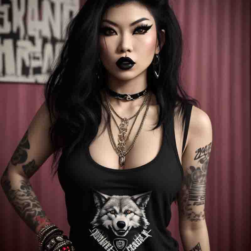 Asian counterculture woman, mid-30s, portrayed as a vixen in Russ Meyer B-movie style. She wears a punk rock hairstyle, her hands are adorned with rings and she has a rebellious and confident demeanor.