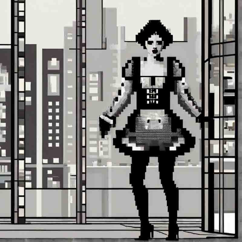 Pixel art of a woman gazing out a window, city lights twinkling in the background.