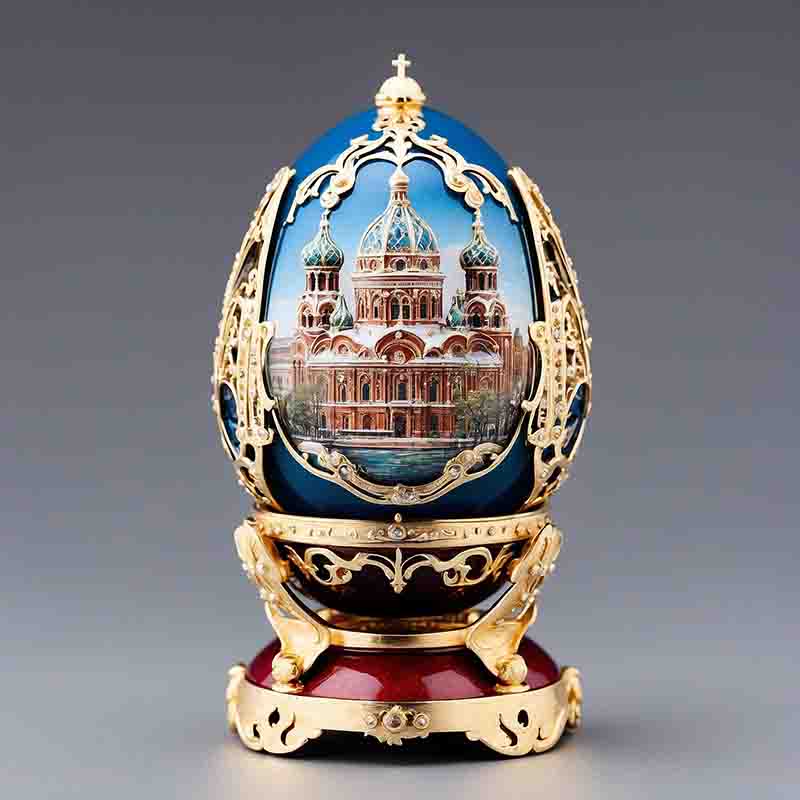 Intricately decorated Fabergé egg featuring a Russian church painting.