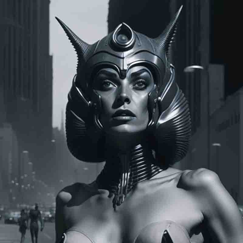A femme fatal sensual woman wearing a modern helmet with a futuristic design against the backdrop of a Metropolis.