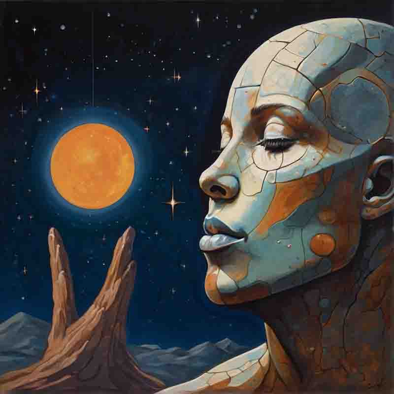 A space rock inspired painting of a woman with a face made of rocks with stars and yellow moon in the background.