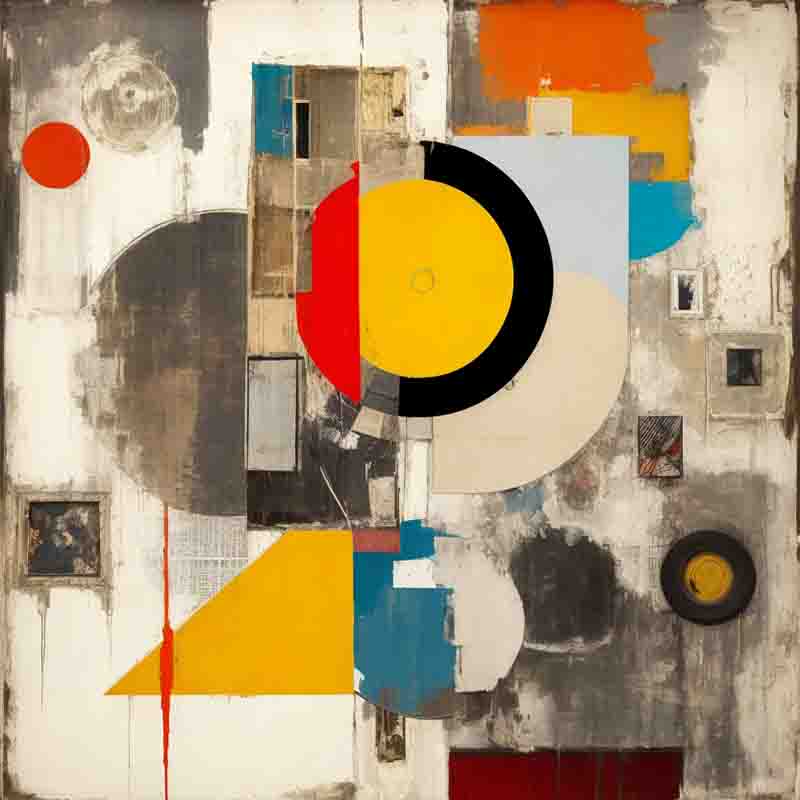 Abstract painting composed of various geometric shapes and lines in different colors. The colors used are predominantly white, black, gray, yellow, red, and blue.