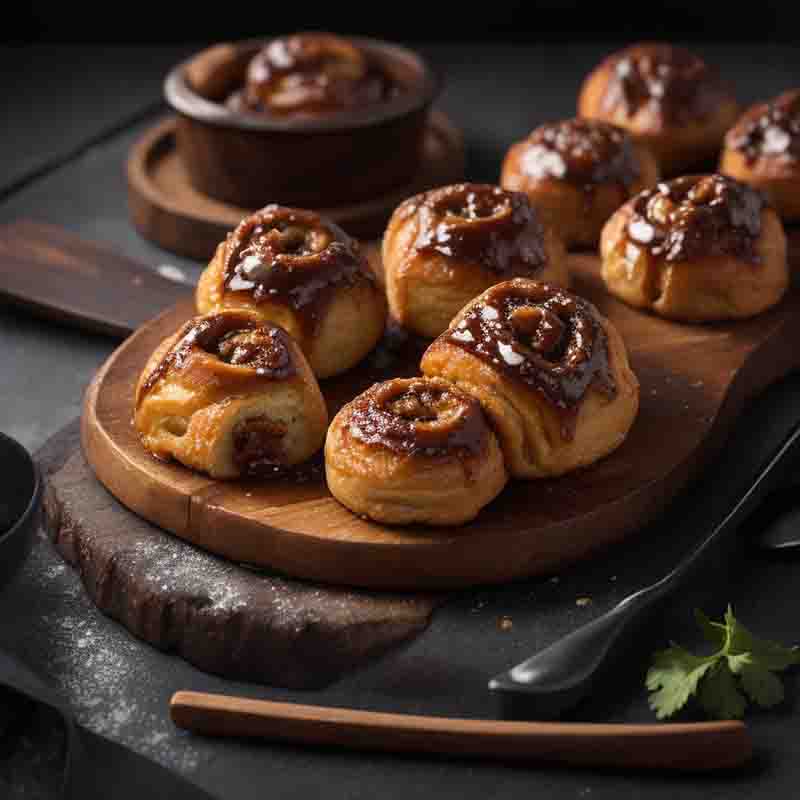 Buns with caramel sauce on a wooden board