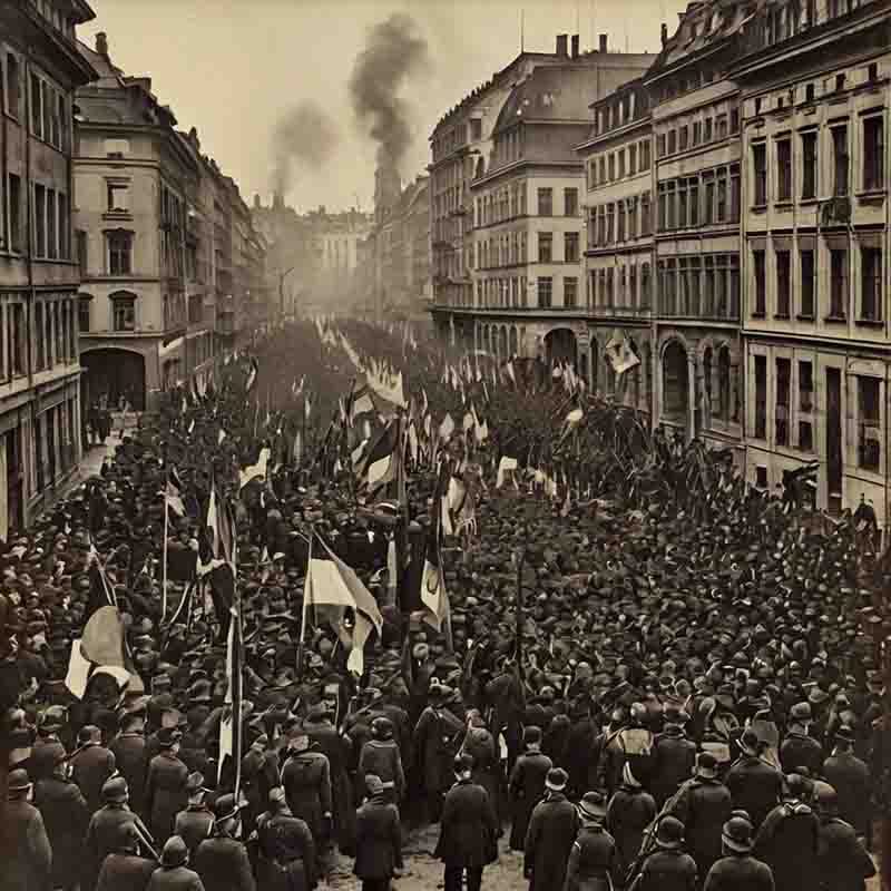 A vintage image of a bustling city crowd, capturing the essence of Berlin during the German Revolution in 1848.