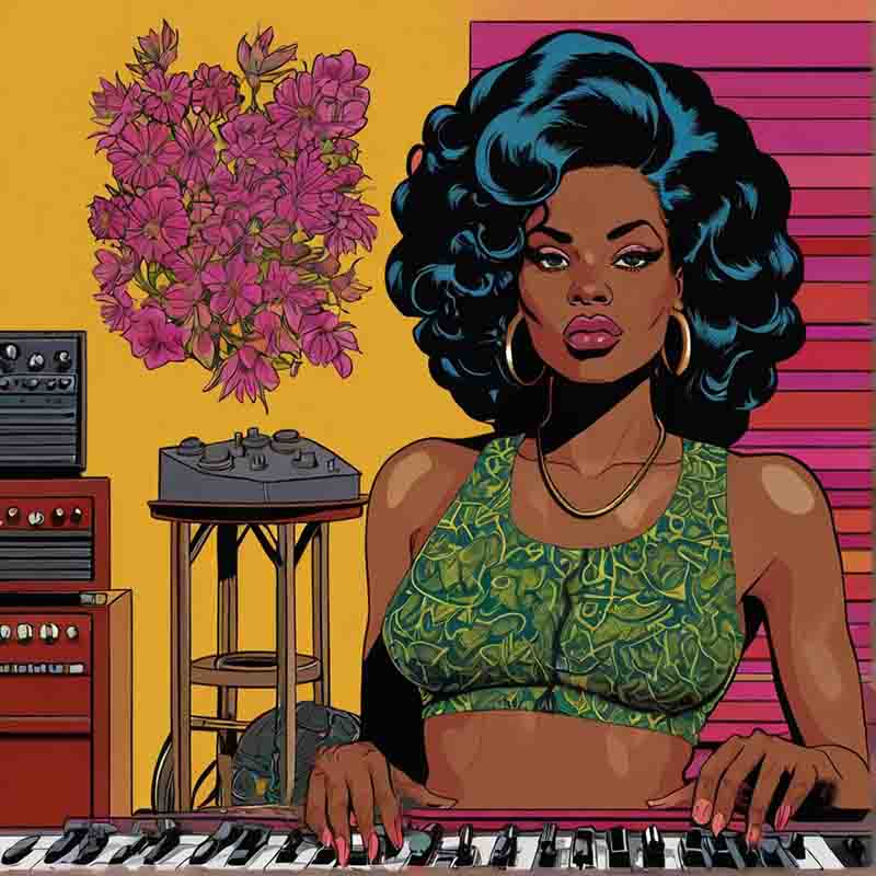 A black woman with curly hair playing the keyboard