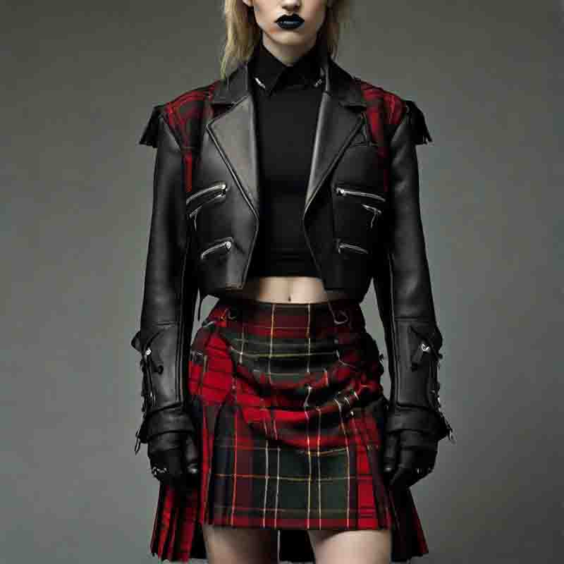 A stylish punk fashion model wearing a tartan skirt and leather jacket.