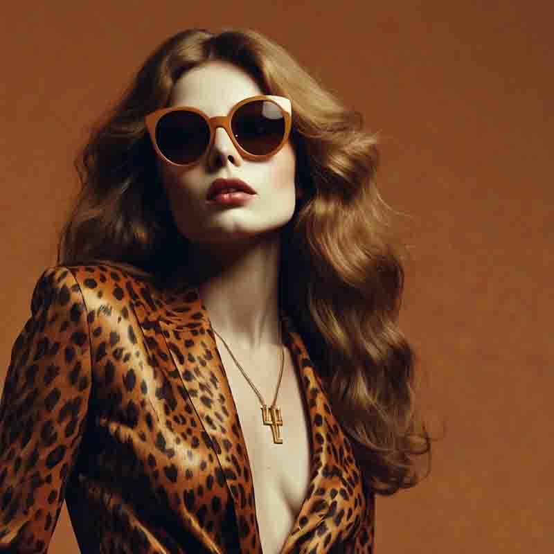 Fashionable glam rock woman in trendy leopard print jacket and sunglasses