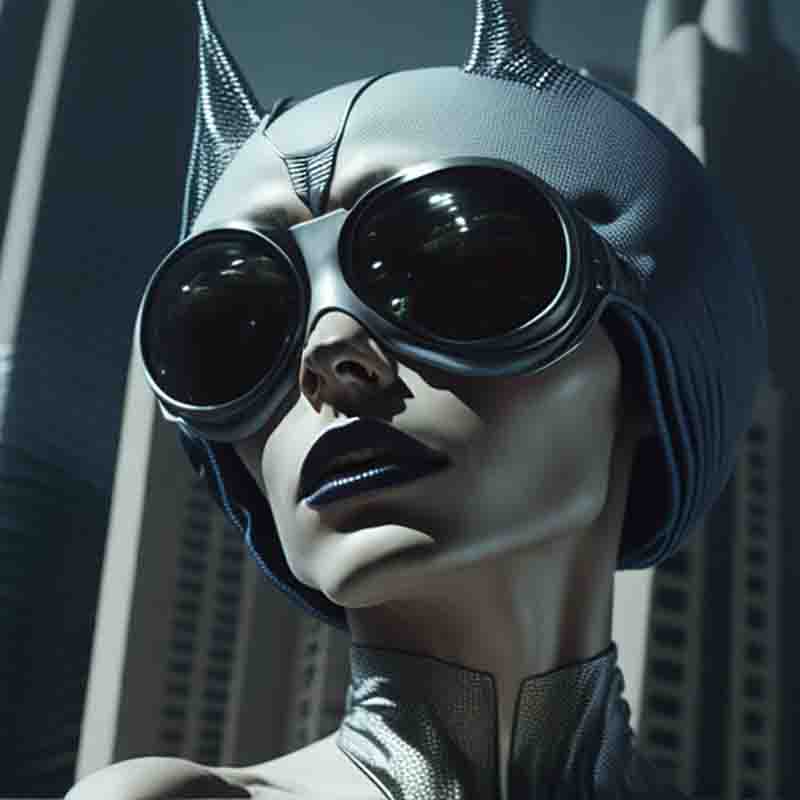 A femme fatal sensual woman sporting a futuristic blue helmet and sunglasses stands in front of towering Sci-Fi skyscrapers.