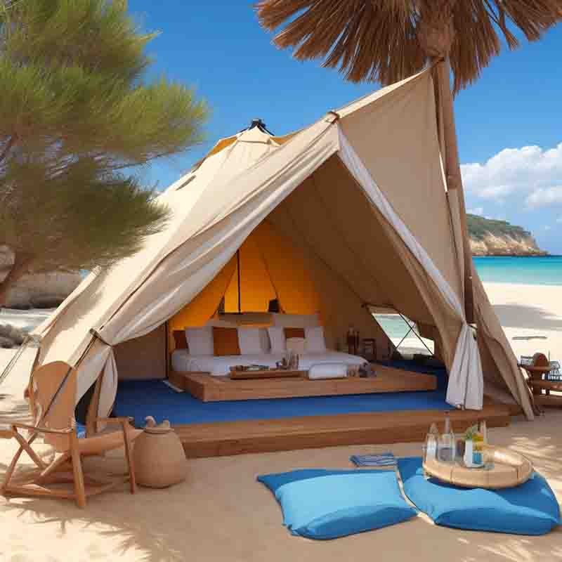 A picture depicting a tranquil camping facility on the beach. In the center is a large green and beige tent with a canopy. A few camping utensils are spread around the tent. In the background the vastness of the Mediterranean Sea and the rocky hills of Ibiza.