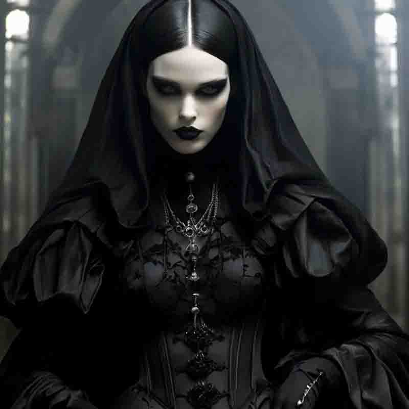 A woman with a gothic look, dressed in black attire, exuding a mysterious and dark aura.