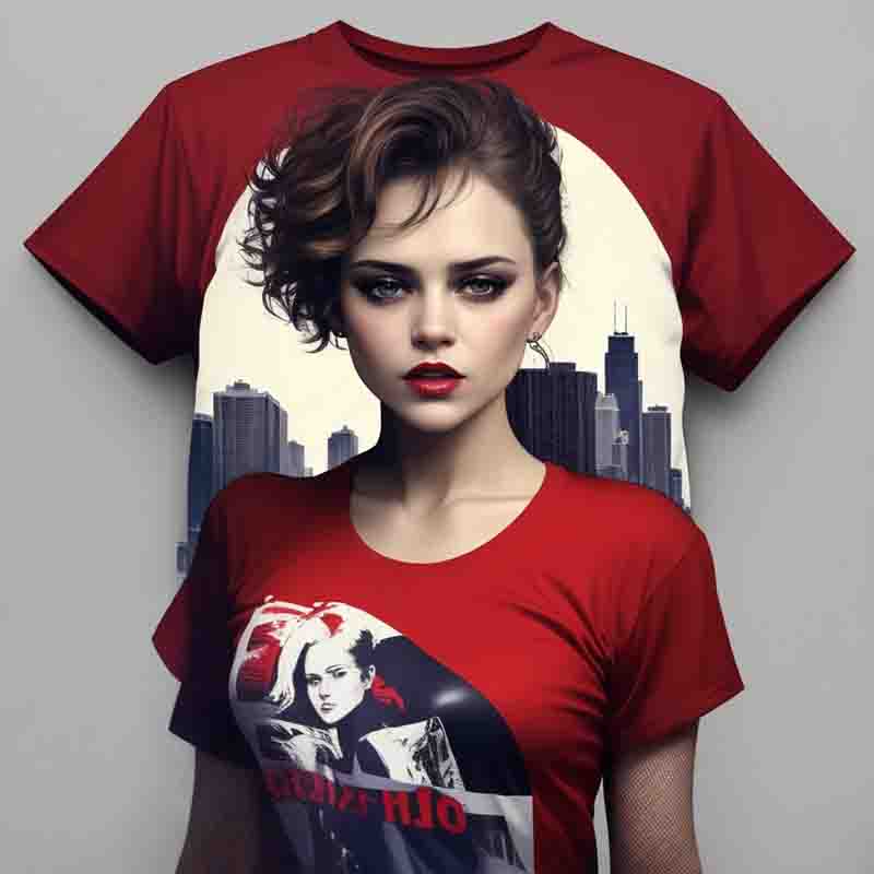 A woman donning a red graphic t-shirt featuring a cityscape, exuding urban vibes and a touch of style.