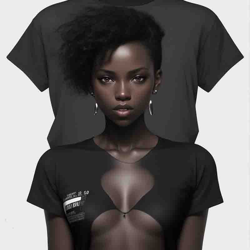 A black woman wearing a black graphic t-shirt, exuding confidence and style.