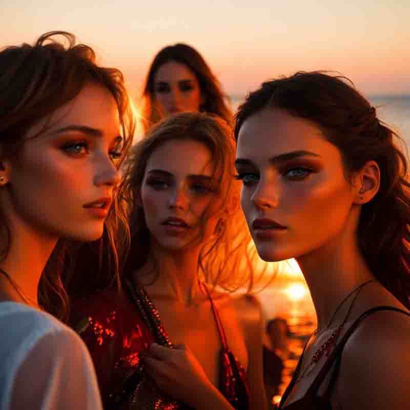 Group of Ibiza Wellness and Healing models standing on a beach at sunset. Theyare dressed in summer attire, suggesting a warm, relaxed atmosphere. The backdrop is a breathtaking sunset, with hues of orange and pink painting the sky over a body of water.