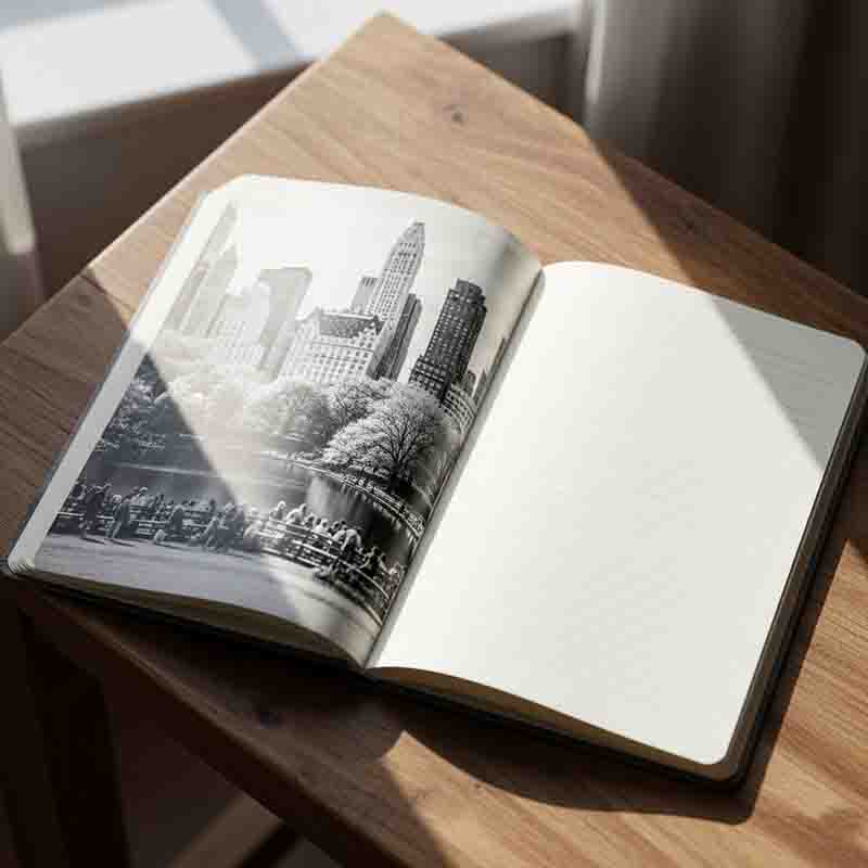 Guide to Notebooks An open notebook rests on a wooden surface, angled slightly from the top left towards the bottom right.