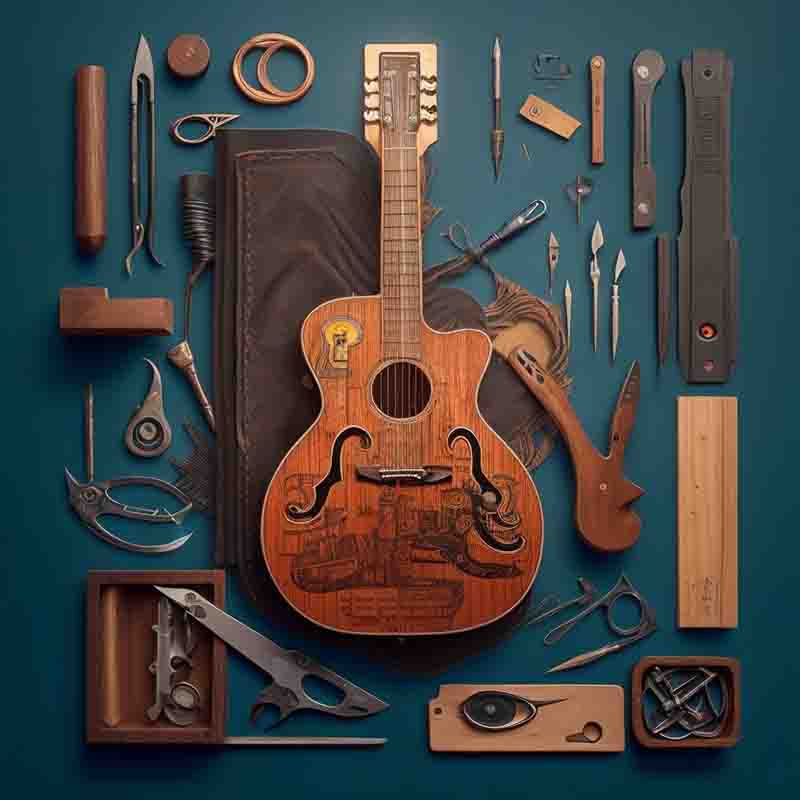 Resonator guitar sitting on a blue background. The guitar is surrounded by a variety of tools, including a screwdriver, a wrench, a pair of pliers, a saw, and a hammer.