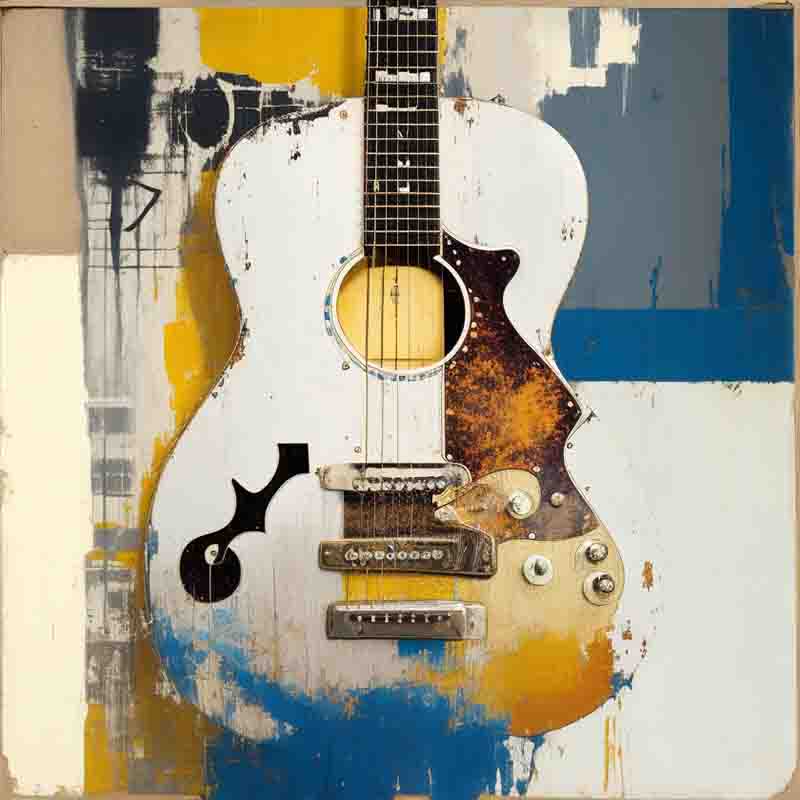 Exquisite painting of a guitar set against a blue and yellow background, with intricate details and vibrant colors.