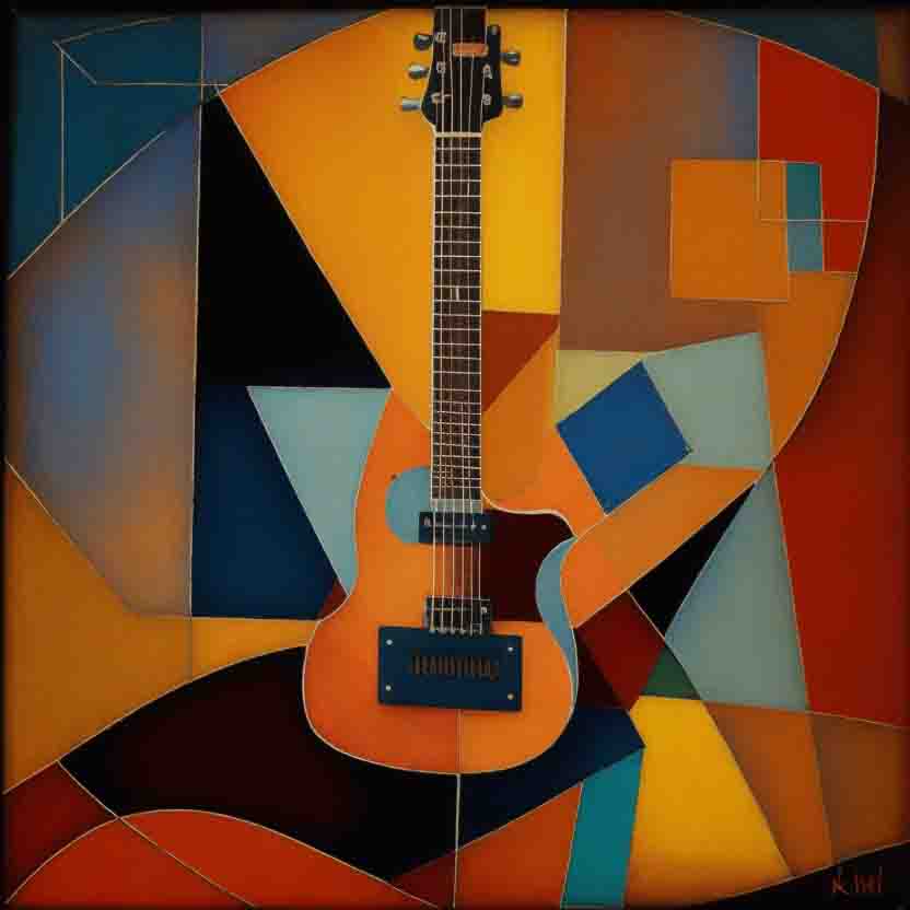Painting of a guitar on a colorful background. The guitar is in the foreground, and it is surrounded by a variety of abstract shapes and colors.