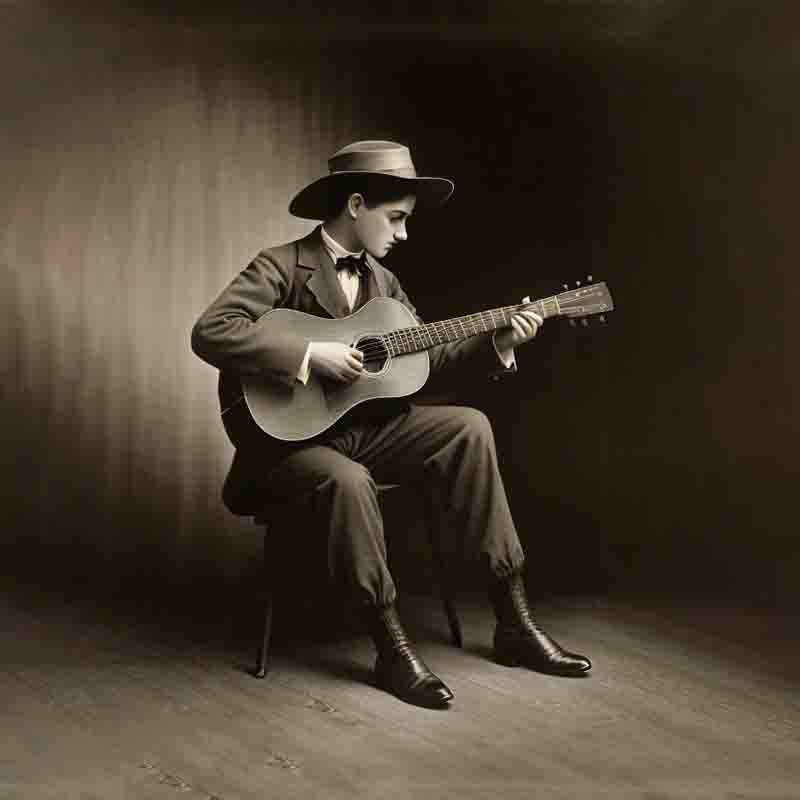 Guitarist wearing hat sitting in a studio playing an acoustic Martin guitar